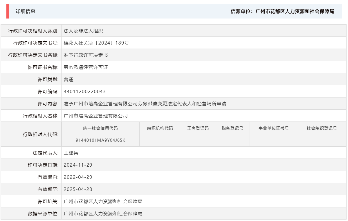 11.29准予广州市培高企业管理有限公司劳务派遣变更法定代表人和经营场所申请.png