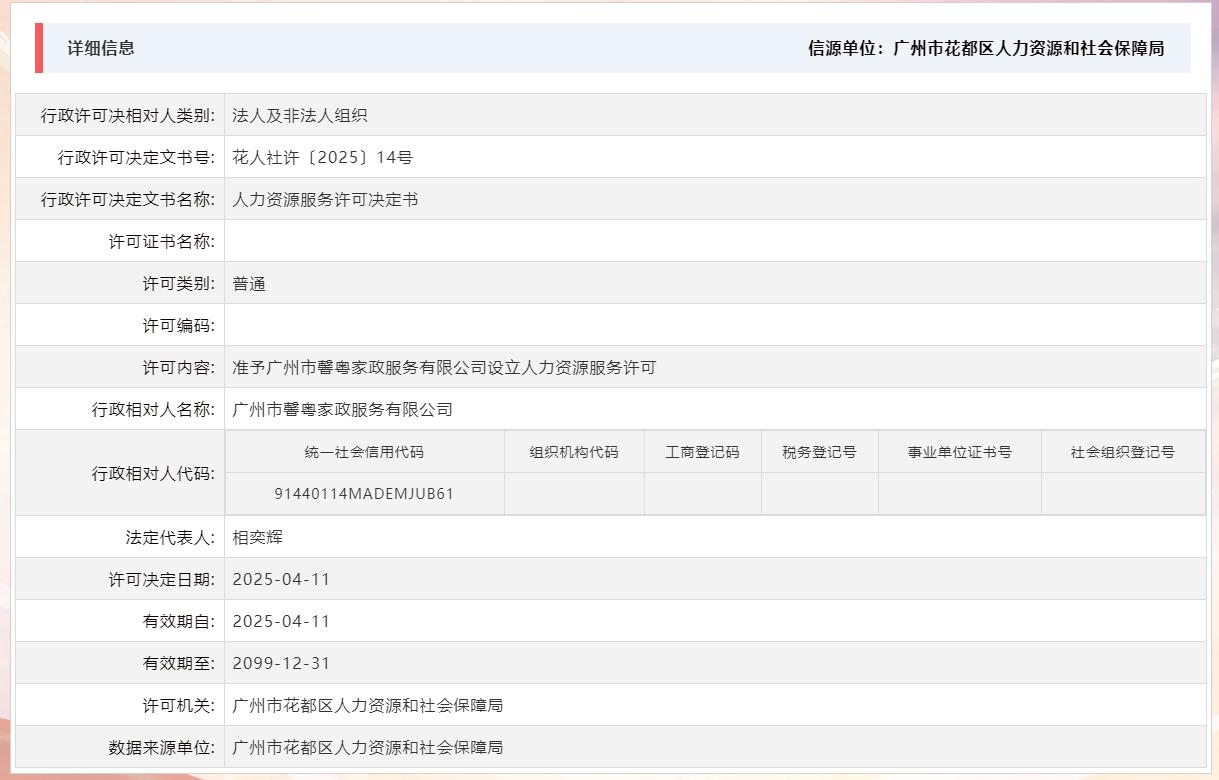 4.11准予广州市馨粤家政服务有限公司设立人力资源服务许可.jpg
