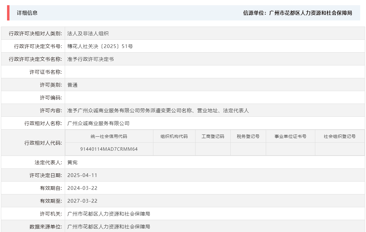 4.11准予广州众诚商业服务有限公司劳务派遣变更公司名称、营业地址、法定代表人.png